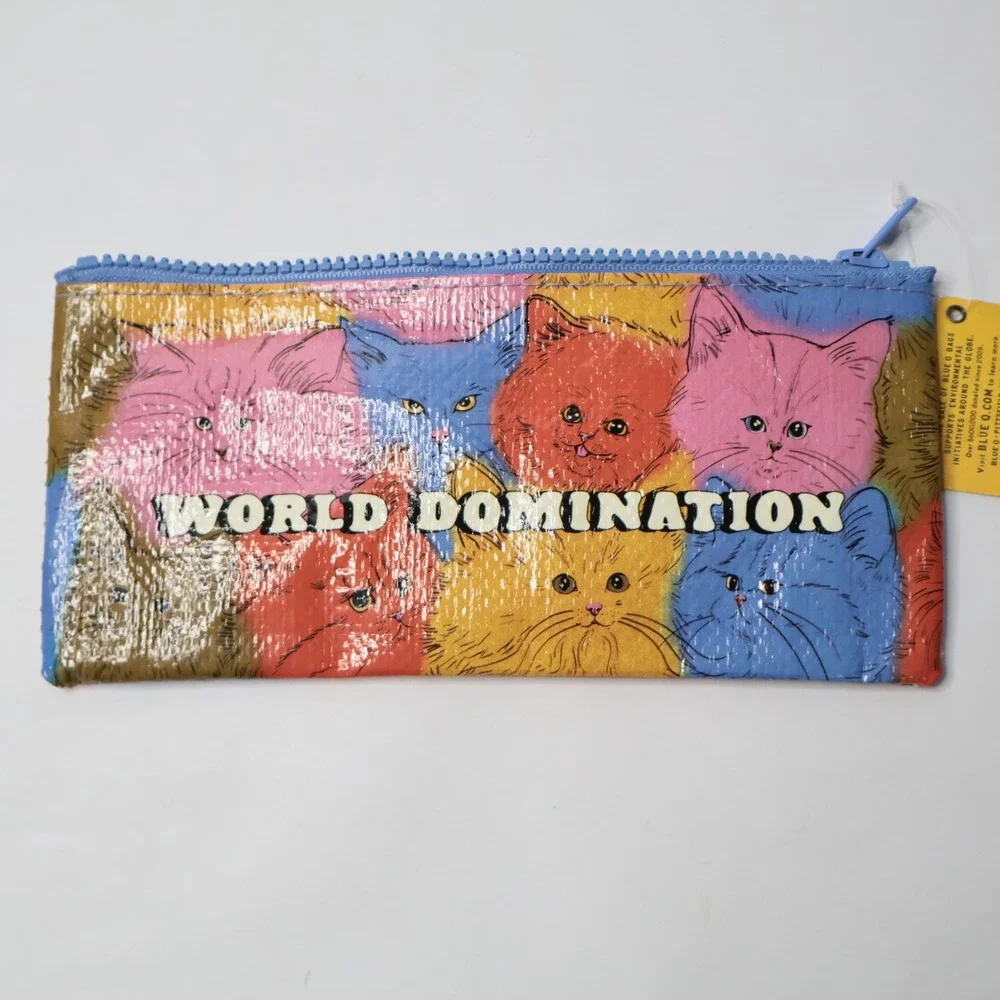 Blue Q World Domination Recycled Zipper Pouch Cat Art QA793 New‎ With Tags